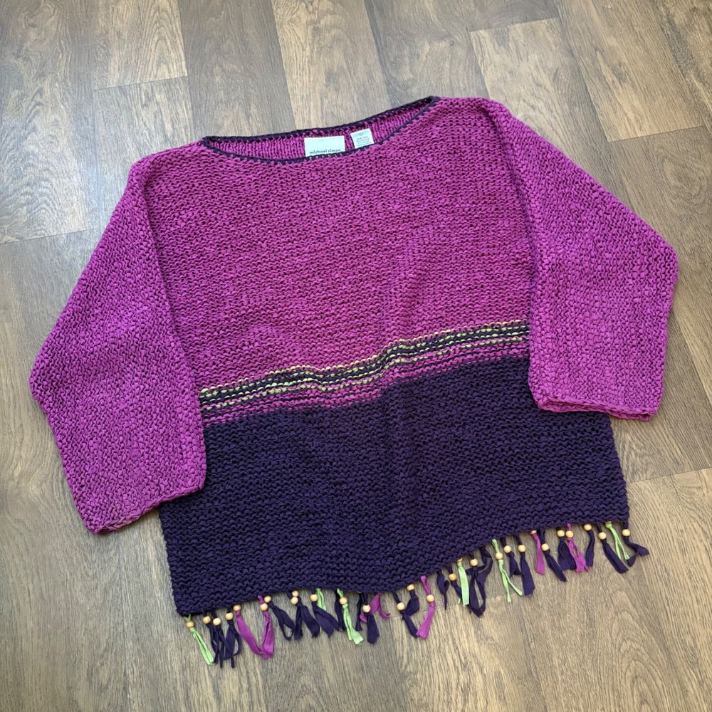 Vtg 1990's Rare Michael Simon Purple Multicolored Tassled Knit Pullover Sweater